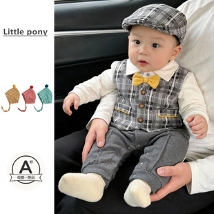 婴儿连体衣春装新款男宝宝小绅士学院风马甲式帅气百天周岁宴爬服