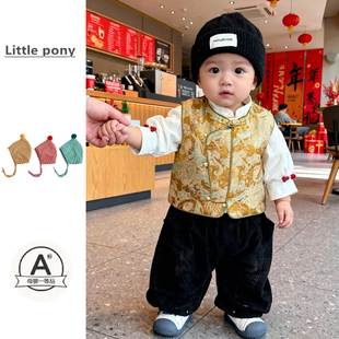 男童新中式冬装男宝宝中国风提花夹棉加厚马甲新年生日周岁服套装