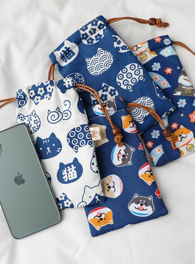 日系和风蓝色系 束口手机包女中青年棉布抽带手机套充电宝收纳袋