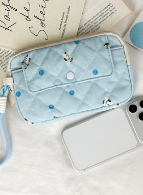 蓝色斑马绗缝棉手机包女便携双口袋拉链手拿包口红耳机杂物收纳袋