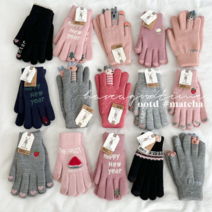 双层毛线五指手套女冬季 清仓捡漏毛线可爱加厚保暖五指防寒手套