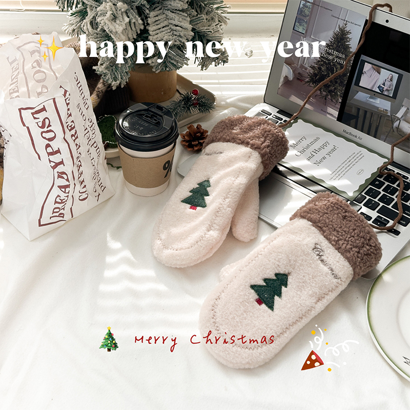 韩版圣诞树全指手套冬季加绒加厚