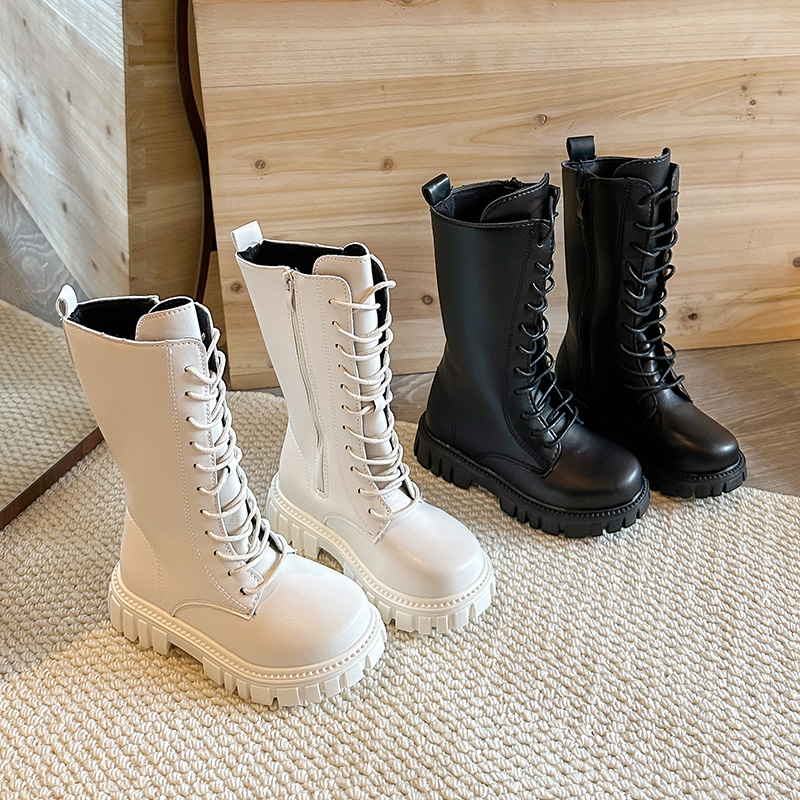 儿童长筒靴白色女童靴子时尚走秀