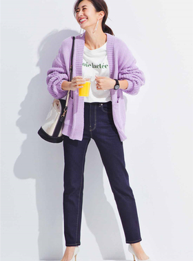 2020春季新款外贸出口日单宽松慵懒V领紫色有大码开衫外套女针织