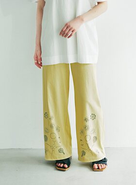 纯棉手绘植物显瘦大码阔腿女裤