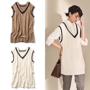《7月生活》外贸出口日单英伦风条纹V领宽松藏肉长款叠穿针织马甲