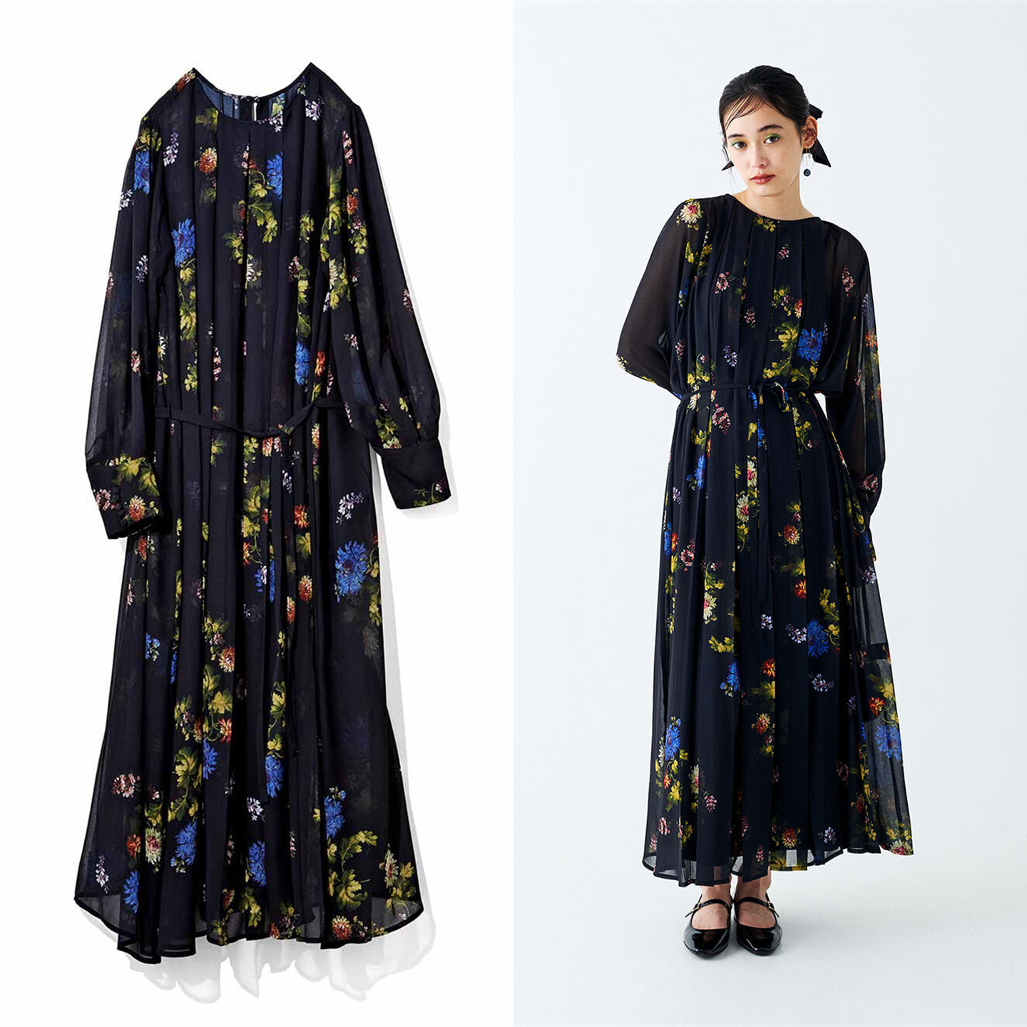 日单雪纺百褶腰带复古印花连衣裙