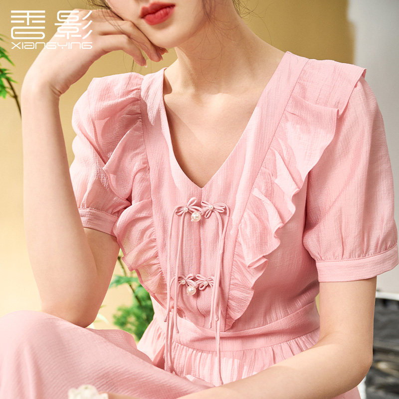 香影新中式国风连衣裙女2023夏装新款莱赛尔天丝裙子荷叶边v领裙使用感如何?
