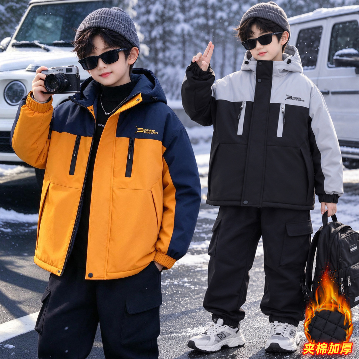 男童加厚外套装棉服秋冬季派克服