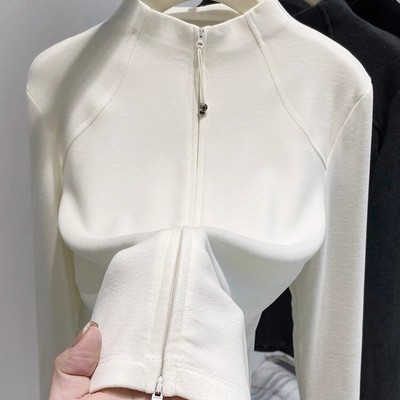 半高领德绒秋冬打底衫女2025新款秋季双拉链开衫外套修身卫衣内搭