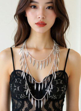 ZA跨境气质风串珠纹理拼接项链合金羽毛叶子吊坠项饰