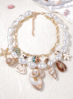 跨境巴洛克仿珍珠陶瓷合金海螺贝壳等吊坠双层叠戴女项链