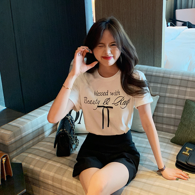 bigyu 立体小蝴蝶结TEE~2024夏季新款短袖字母印花上衣女白色T恤