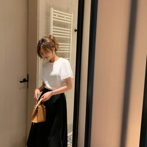 bigyu蕾丝边泡泡袖白色T恤春夏新款女装圆领宽松透气百搭短袖上衣