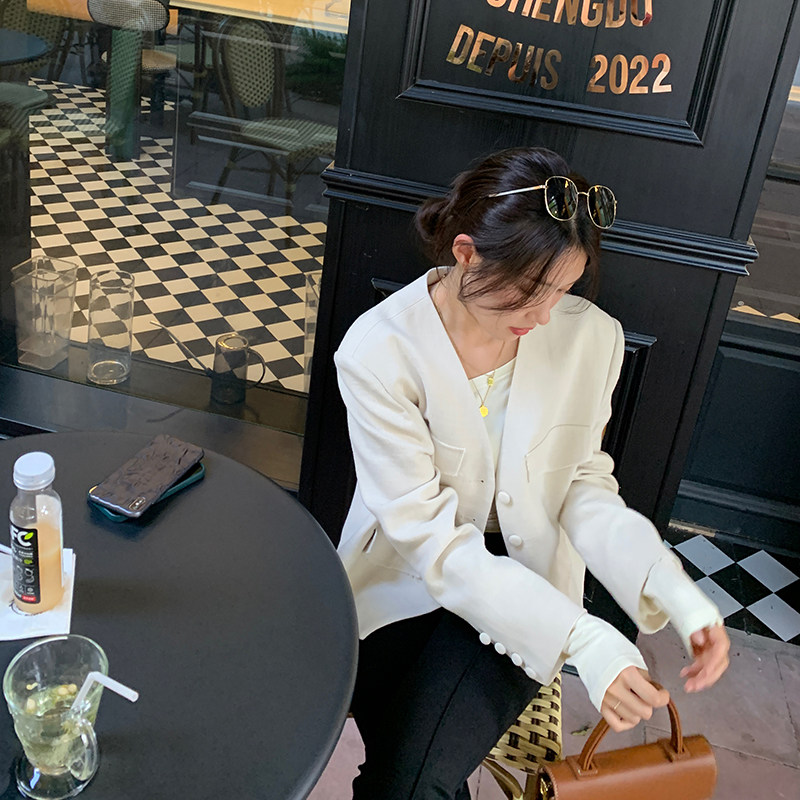 bigyu 气质通勤棉麻小西装外套~春秋新款女装短款宽松长袖上衣