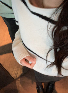 bigyu【12.26上新限时95折】黑白条宽松慵懒套头长袖针织毛衣