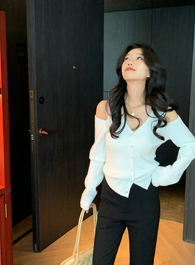 bigyu 设计感时尚露肩长袖针织衫春秋新款韩系温柔气质别致上衣女