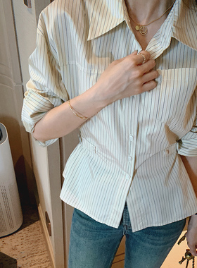 bigyu 黄色条纹休闲衬衫~春秋新款小众设计感可收腰长袖上衣女
