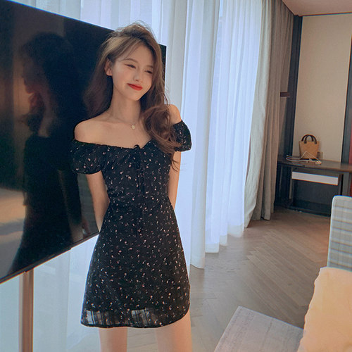 bigyu泡泡袖黑色碎花裙夏季一字肩两穿小个子印花短裙方V领连衣裙
