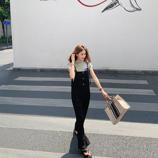 春秋宽松休闲高级感直筒阔腿显瘦连体裤 背带裤 黑色垂感西装 bigyu