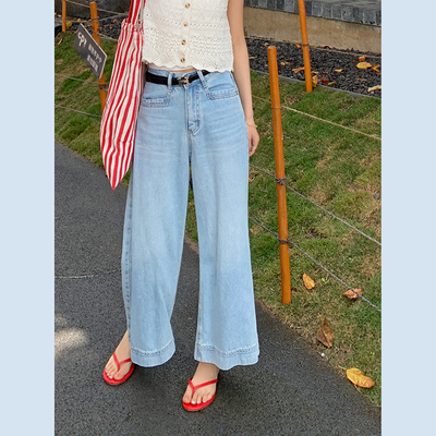 bigyu 夏季新款浅蓝色宽松显瘦阔腿裤女装高腰阔脚直筒裤子牛仔裤
