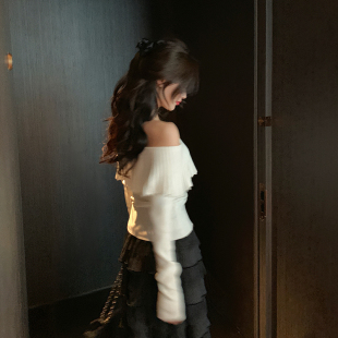 法式 一字肩针织衫 气质 显瘦长袖 白色褶皱荷叶领露锁骨修身 bigyu