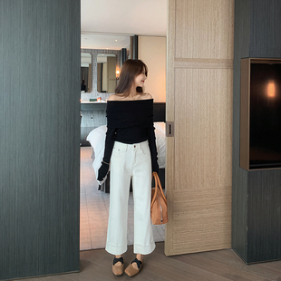 白色宽松阔腿休闲裤 bigyu 法棍裤 女秋新款 直腿瘦腿卷边直筒牛仔裤