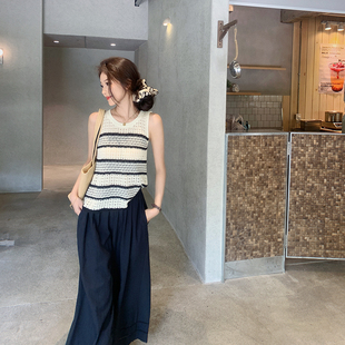 外穿宽松薄款 bigyu 新款 上衣女夏季 镂空网眼针织背心 撞色条纹无袖