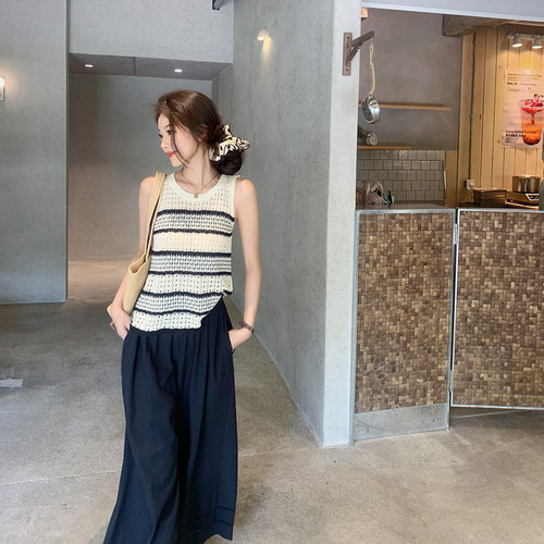 bigyu 撞色条纹无袖上衣女夏季新款外穿宽松薄款镂空网眼针织背心