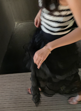 bigyu 时髦千层~黑色中长款网纱蓬蓬裙女春夏重工A字显瘦蛋糕裙子