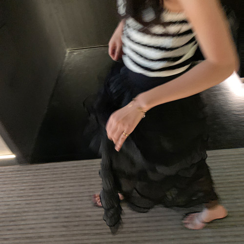 bigyu 时髦千层~黑色中长款网纱蓬蓬裙女春夏重工A字显瘦蛋糕裙子