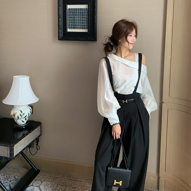 bigyu 气质穿搭斜肩一字领防晒白衬衫蕾丝背心