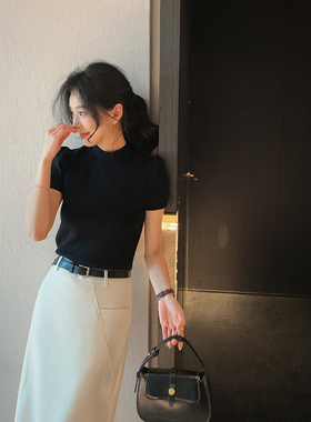 bigyu 复古小圆领泡泡袖上衣春夏新款韩系温柔女装修身短袖针织衫