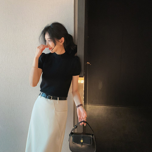 bigyu 复古小圆领泡泡袖上衣春夏新款韩系温柔女装修身短袖针织衫