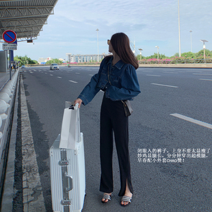 bigyu王炸腿精裤 春秋西装 料CHAO显瘦黑色垂感直筒开叉拖地长裤 子