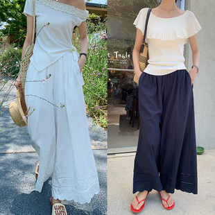 透气棉质钩花镂空松紧腰休闲裤 bigyu 薄款 子夏季 松弛感宽松阔腿裤