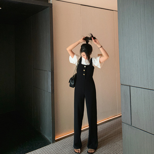 高级感冻龄背带裤 裤 春装 黑色显瘦直筒连体休闲西装 女新款 bigyu