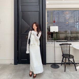 bigyu 气质温柔风镂空钩花珍珠针织衫中长款半身裙通勤高级感套装