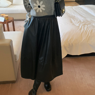 bigyu 大裙摆中长款插兜皮裙女秋冬新款高腰显瘦黑色PU伞裙半身裙