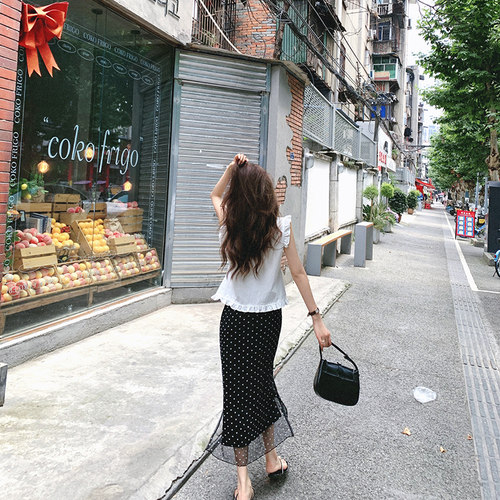 bigyu 双开叉中长款纱纱半身裙夏季新款气质高腰显瘦百搭直筒裙子