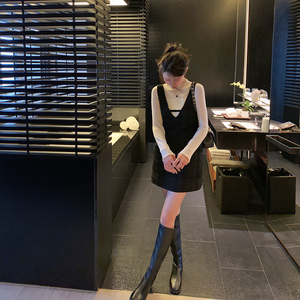 bigyu 千金风V领马甲背心裙女秋冬内搭打底短款无袖小香风连衣裙
