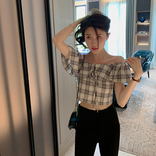 bigyu 荷叶领格子短袖上衣~夏季新款女装高腰短款女士修身衬衣