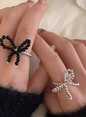 韩版银珠蝴蝶结戒指弹力可调节黑玛瑙少女个性串珠戒指女