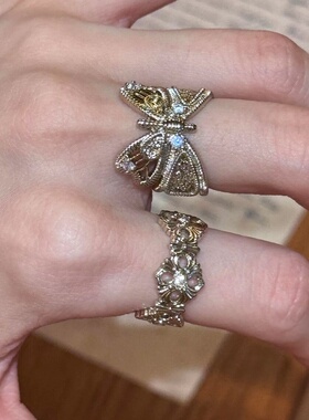 韩版轻奢咖啡金镶钻蝴蝶开口戒指