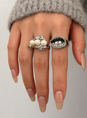 古风尾戒中国龙虎眼石戒指ins冷淡风感淡水珍珠闪钻眼睛叠戴指环