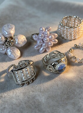 韩版复古珍珠花朵开口戒指女