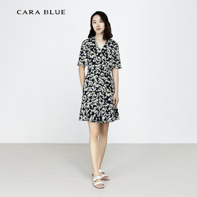 喀啦CARABLUE 优雅气质百搭V领印花连衣裙 KB231MWO0021