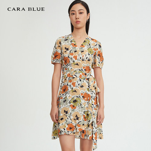 喀啦CARABLUE印花裹身系带连衣裙