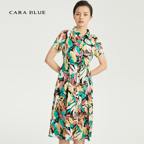 cara blue 喀啦 连衣裙 正品女装时尚翻领印花KC211MWO0044