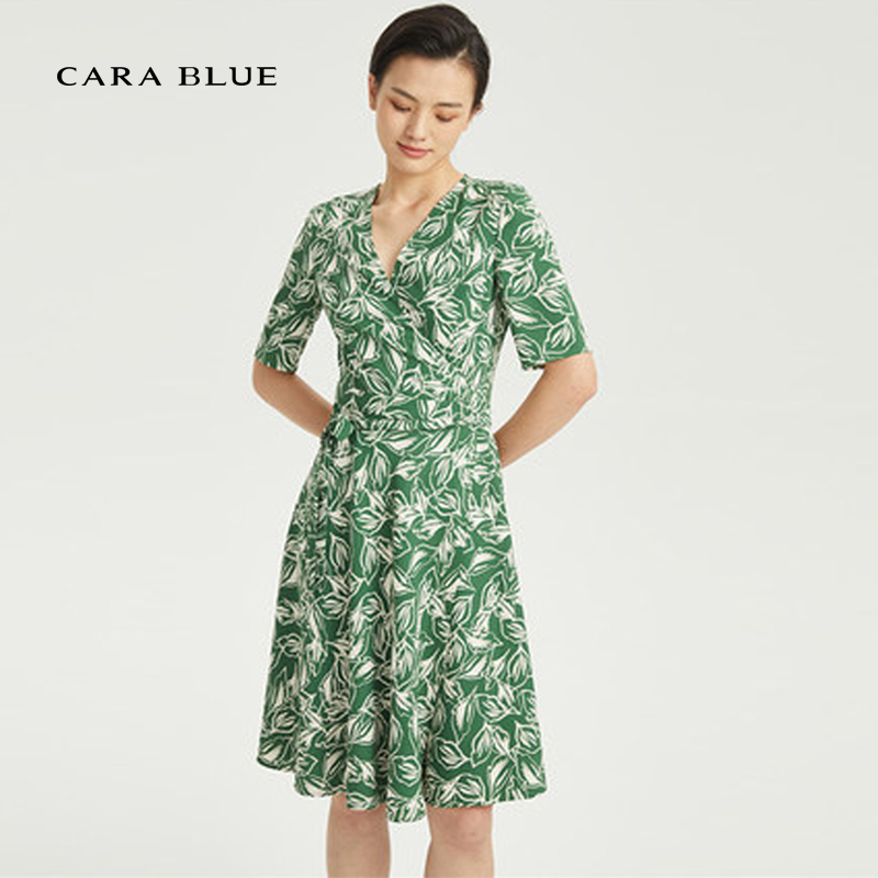 cara blue喀啦连衣裙正品女装时尚优雅V领印花KC211MWO0046